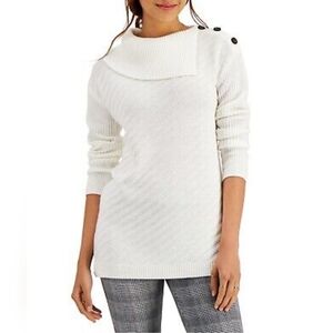 Style & Co Ribbed Button-Detail White Sweater Cozy Warm Diagonal Knit S